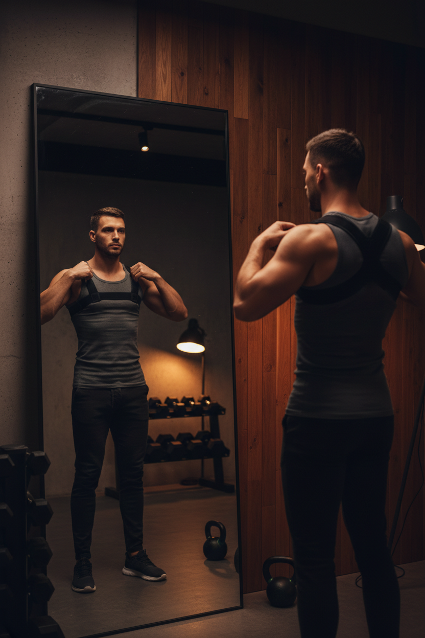 Man adjusting posture corrector in mirror