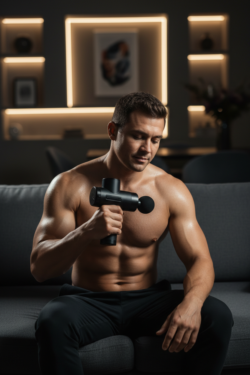 Massage gun touching shoulder